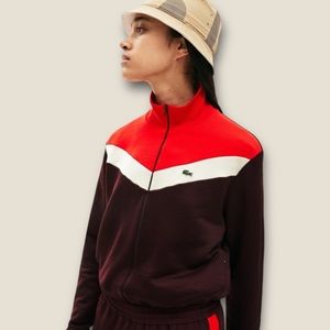 Lacoste Colorblock Fleece Zip-Up Sweatshirt in Bordeaux Beige Red 42